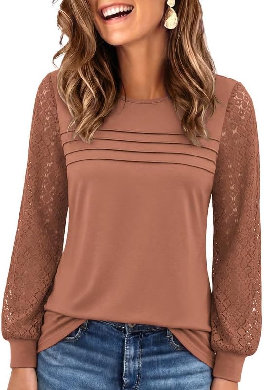 Womens Lace Long Sleeve Tops Long Sleeve Shirts Dressy Cute Fall Tops 2026 Casual T-Shirts Work Outfits Blouses