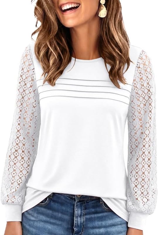 Womens Lace Long Sleeve Tops Long Sleeve Shirts Dressy Cute Fall Tops 2026 Casual T-Shirts Work Outfits Blouses
