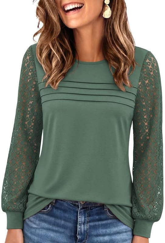 Womens Lace Long Sleeve Tops Long Sleeve Shirts Dressy Cute Fall Tops 2026 Casual T-Shirts Work Outfits Blouses