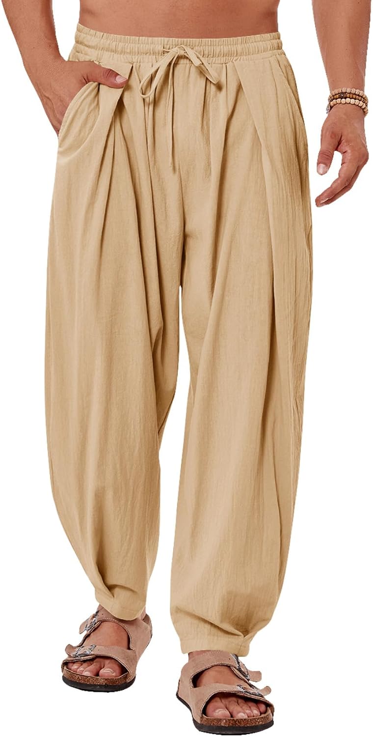 Mens Linen Yoga Pants Elastic Waist Drawstring Summer Beach Loose Fit Casual Tapered Trousers