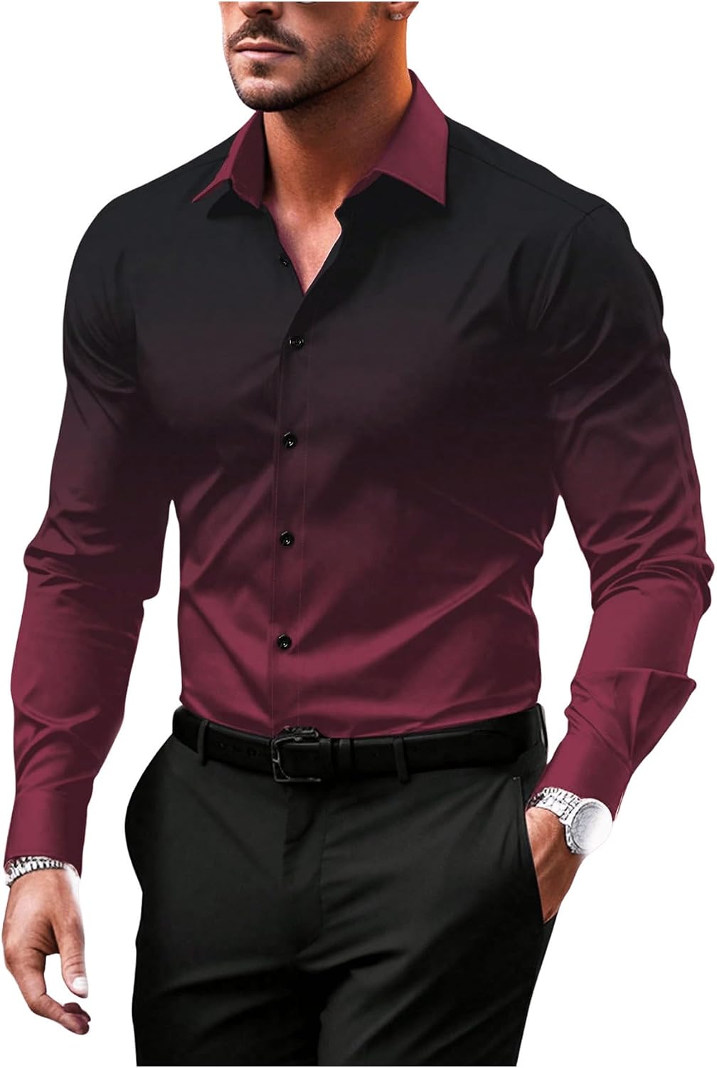 Men's Ombre Dress Shirts Casual Long Sleeve Button Down Business Shirt