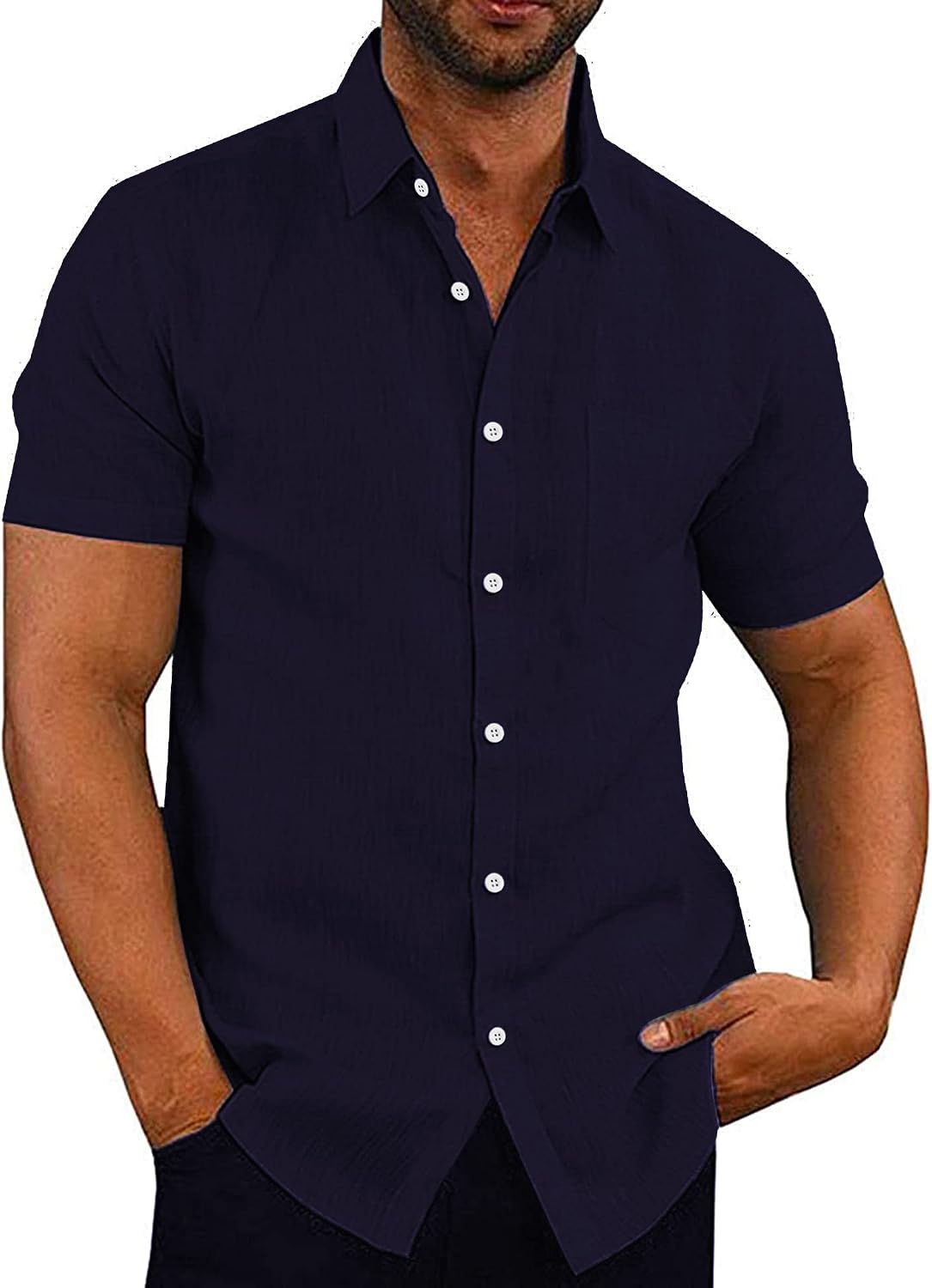 Men's Casual Button Down Shirts Short Sleeve Linen Shirts Summer Beach Dress Shirt