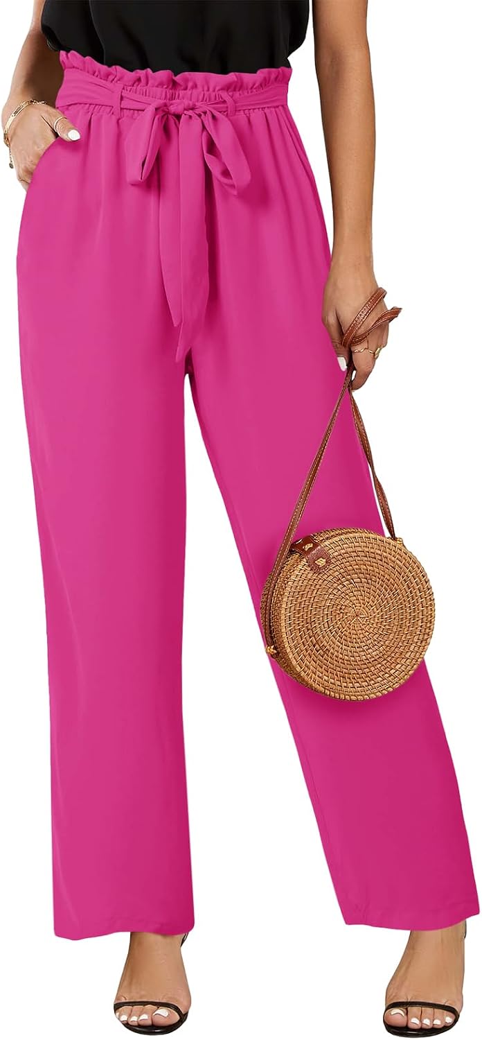 Womens High Waisted Leopard Print Palazzo Pants Belted Wide Leg Long Trousers with Pockets