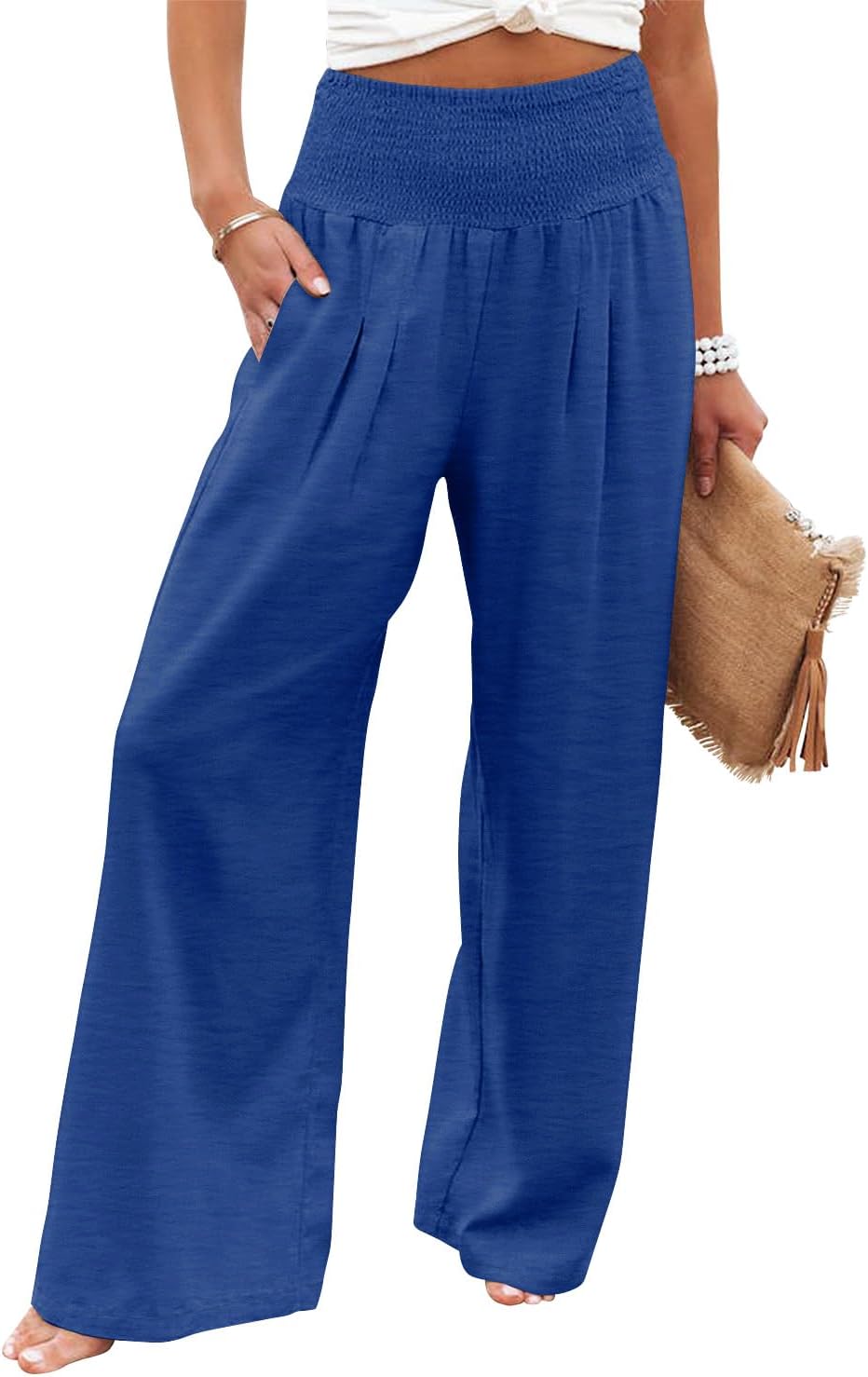 Womens Elastic High Waisted Palazzo Pants Casual Wide Leg Long Lounge Pant Trousers with Pocket