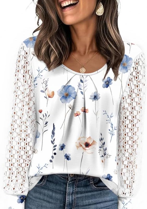 Womens Lace Long Sleeve Tops Long Sleeve Shirts Dressy Cute Fall Tops 2026 Casual T-Shirts Work Outfits Blouses