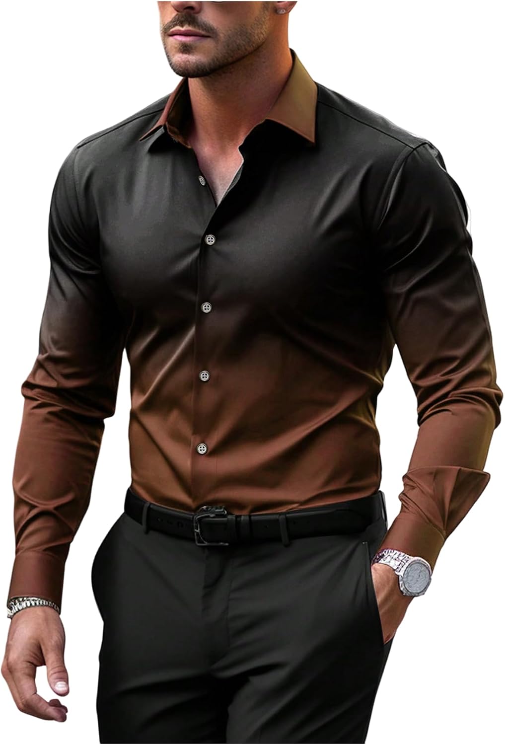 Men's Ombre Dress Shirts Casual Long Sleeve Button Down Business Shirt