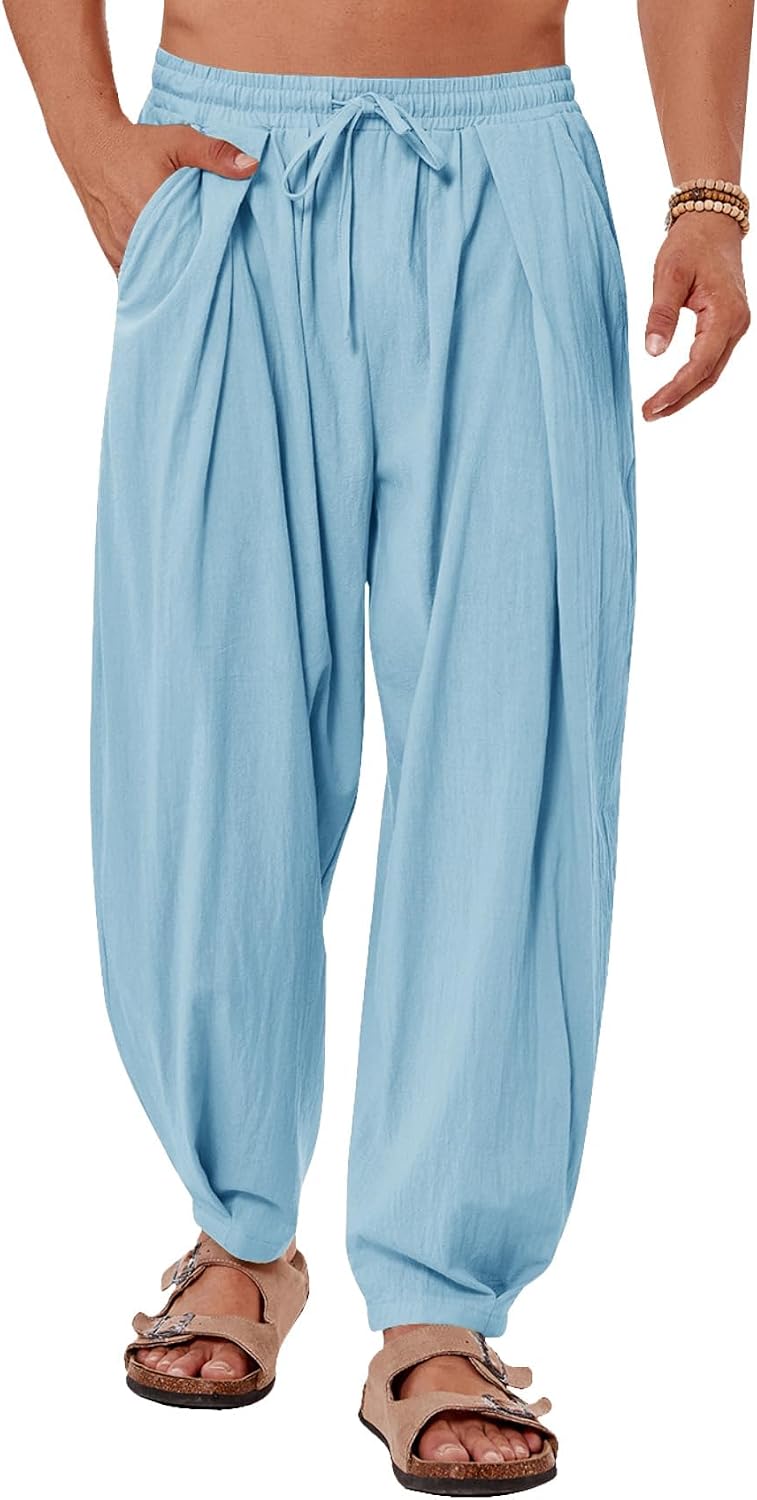 Mens Linen Yoga Pants Elastic Waist Drawstring Summer Beach Loose Fit Casual Tapered Trousers