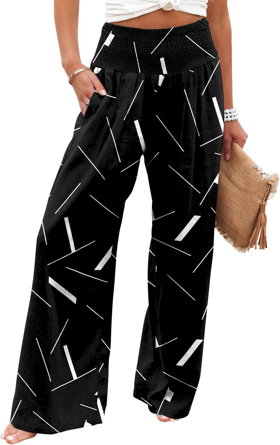 Womens Elastic High Waisted Palazzo Pants Casual Wide Leg Long Lounge Pant Trousers with Pocket