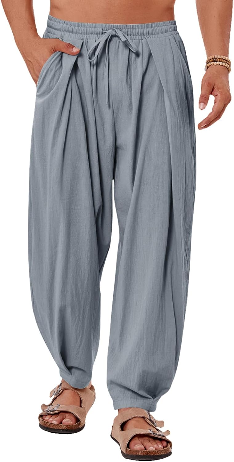 Mens Linen Yoga Pants Elastic Waist Drawstring Summer Beach Loose Fit Casual Tapered Trousers