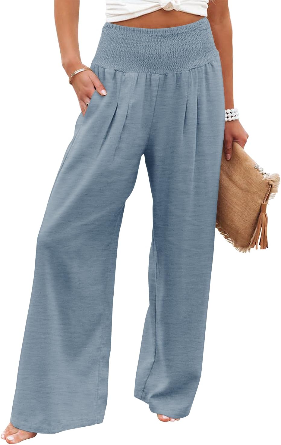 Womens Elastic High Waisted Palazzo Pants Casual Wide Leg Long Lounge Pant Trousers with Pocket