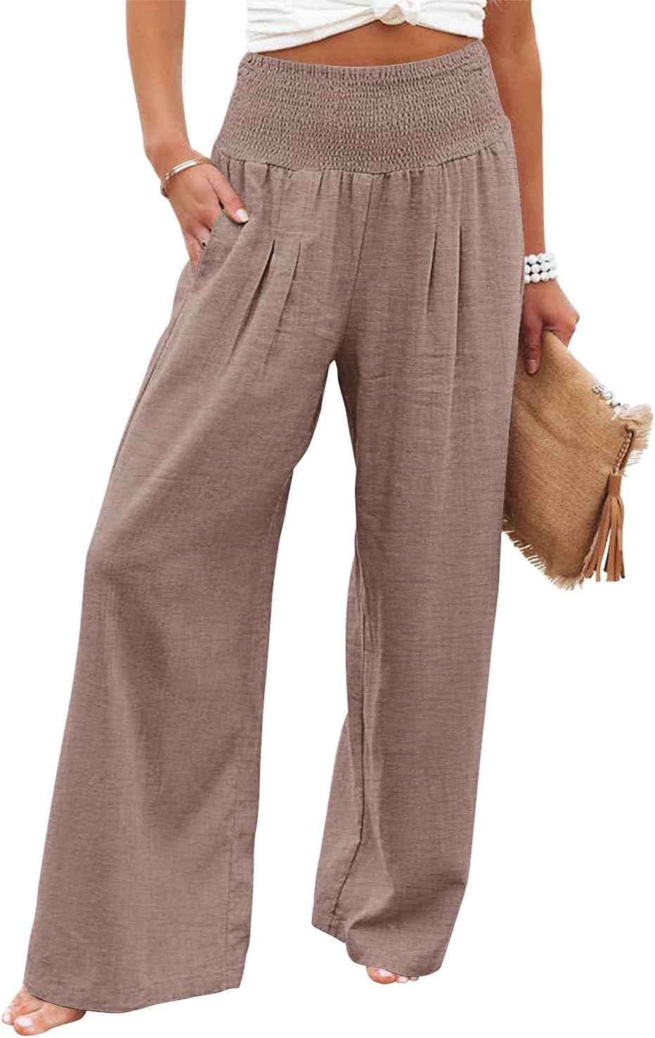 Womens Elastic High Waisted Palazzo Pants Casual Wide Leg Long Lounge Pant Trousers with Pocket