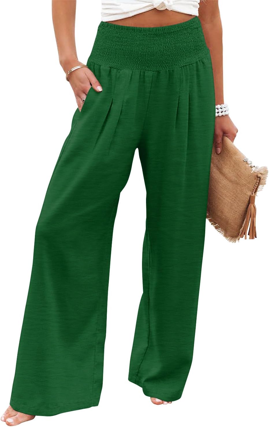 Womens Elastic High Waisted Palazzo Pants Casual Wide Leg Long Lounge Pant Trousers with Pocket