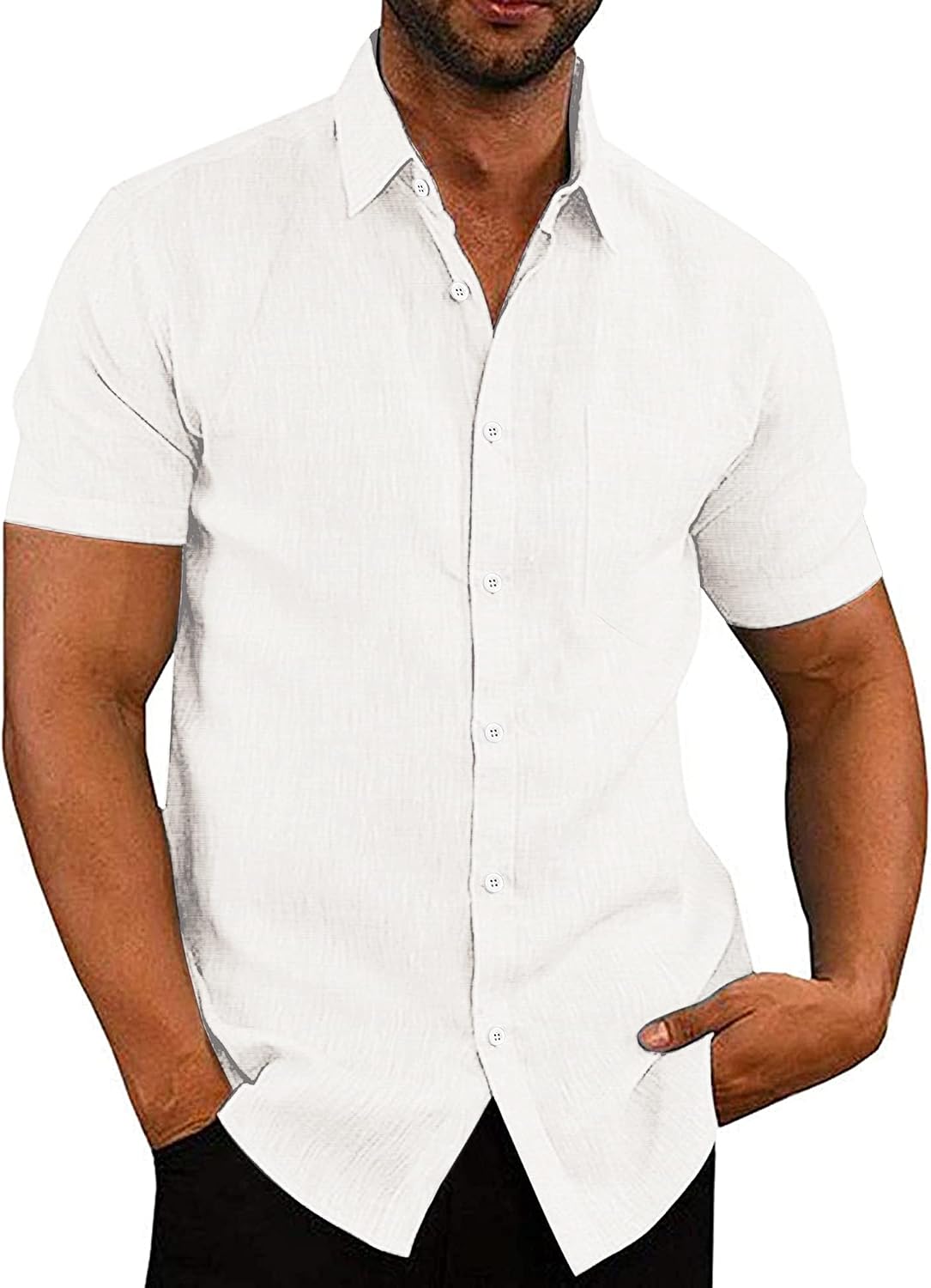 Men's Casual Button Down Shirts Short Sleeve Linen Shirts Summer Beach Dress Shirt