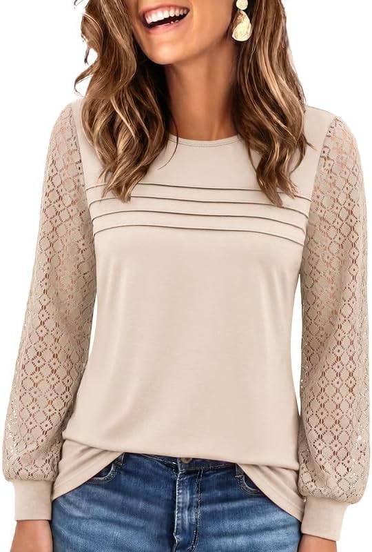 Womens Lace Long Sleeve Tops Long Sleeve Shirts Dressy Cute Fall Tops 2026 Casual T-Shirts Work Outfits Blouses