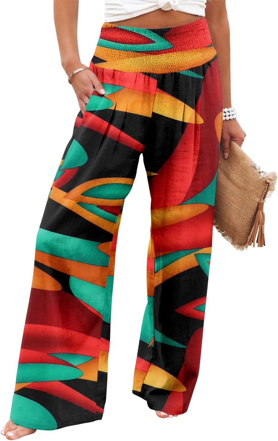 Womens Elastic High Waisted Palazzo Pants Casual Wide Leg Long Lounge Pant Trousers with Pocket