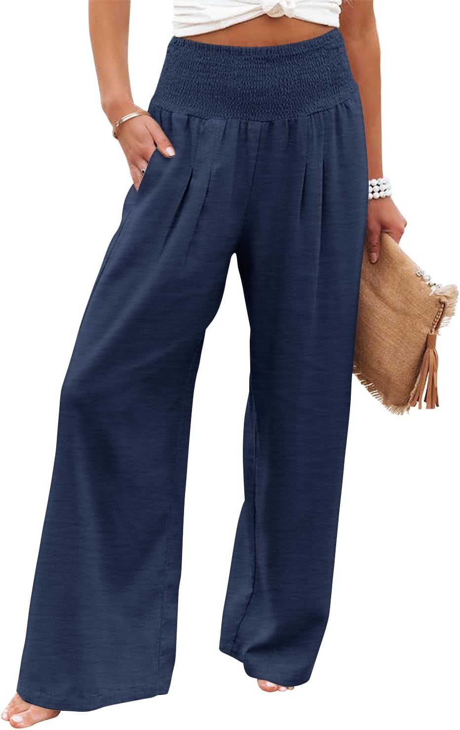 Womens Elastic High Waisted Palazzo Pants Casual Wide Leg Long Lounge Pant Trousers with Pocket