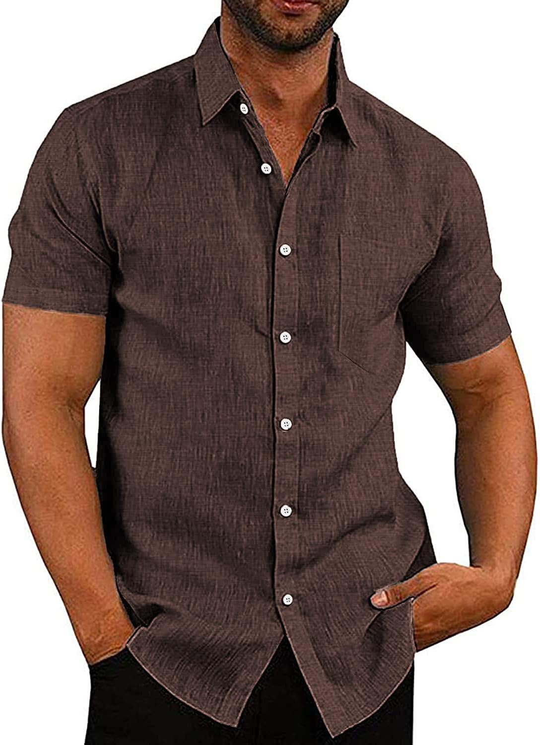 Men's Casual Button Down Shirts Short Sleeve Linen Shirts Summer Beach Dress Shirt