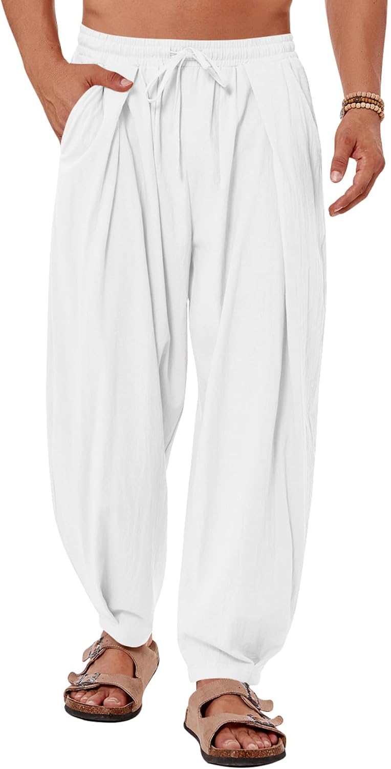 Mens Linen Yoga Pants Elastic Waist Drawstring Summer Beach Loose Fit Casual Tapered Trousers