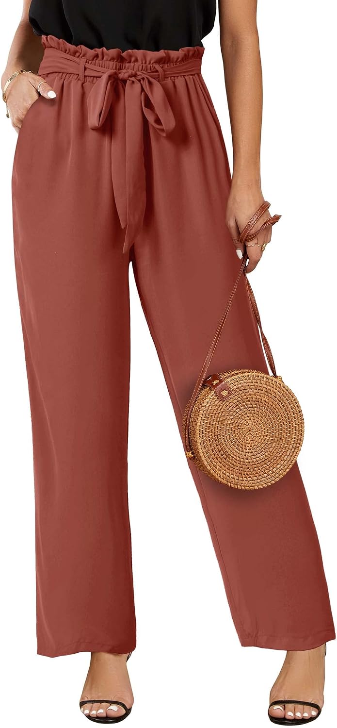 Womens High Waisted Leopard Print Palazzo Pants Belted Wide Leg Long Trousers with Pockets