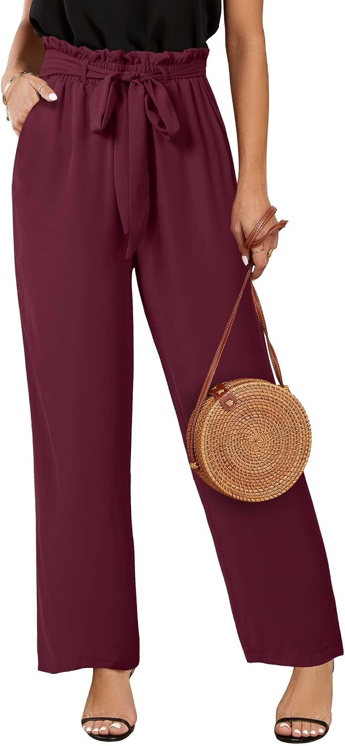 Womens High Waisted Leopard Print Palazzo Pants Belted Wide Leg Long Trousers with Pockets