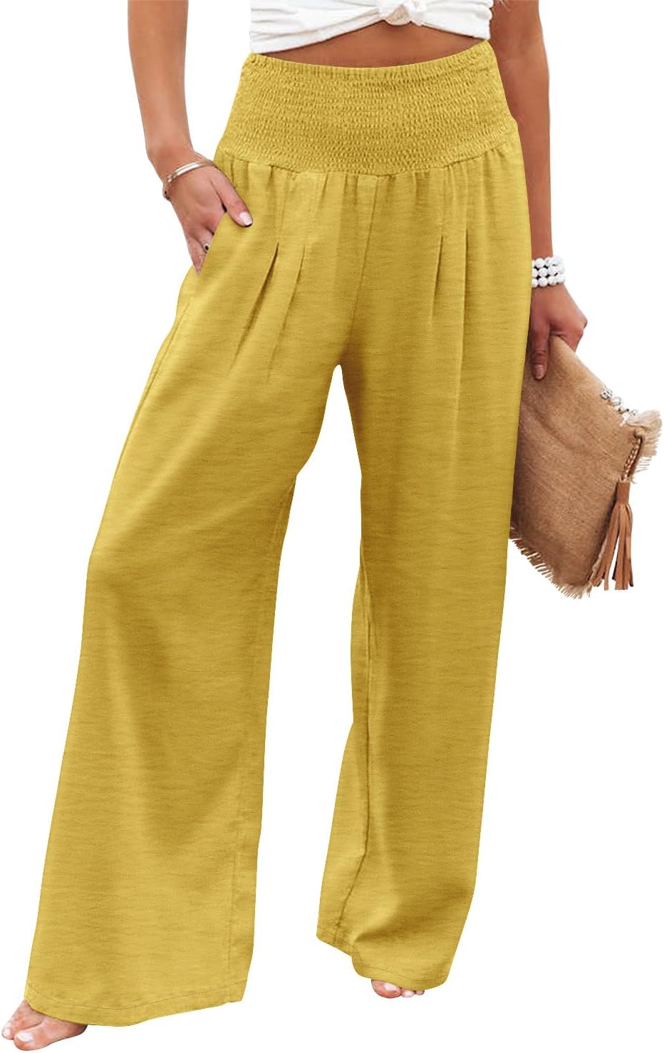 Womens Elastic High Waisted Palazzo Pants Casual Wide Leg Long Lounge Pant Trousers with Pocket