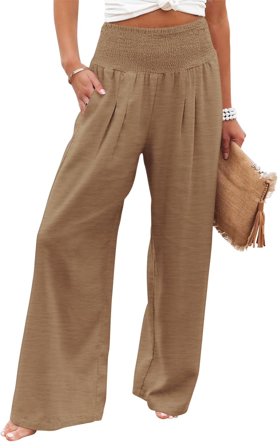 Womens Elastic High Waisted Palazzo Pants Casual Wide Leg Long Lounge Pant Trousers with Pocket