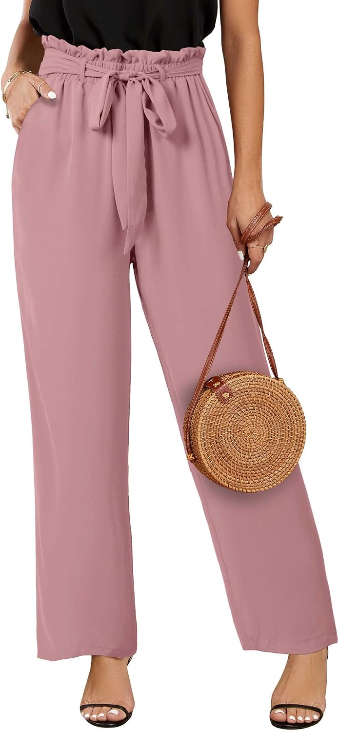 Womens High Waisted Leopard Print Palazzo Pants Belted Wide Leg Long Trousers with Pockets