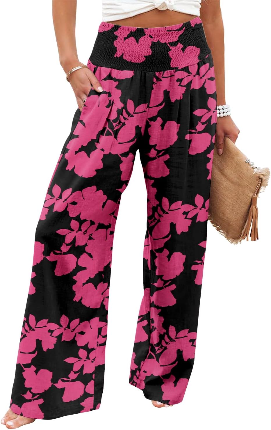 Womens Elastic High Waisted Palazzo Pants Casual Wide Leg Long Lounge Pant Trousers with Pocket