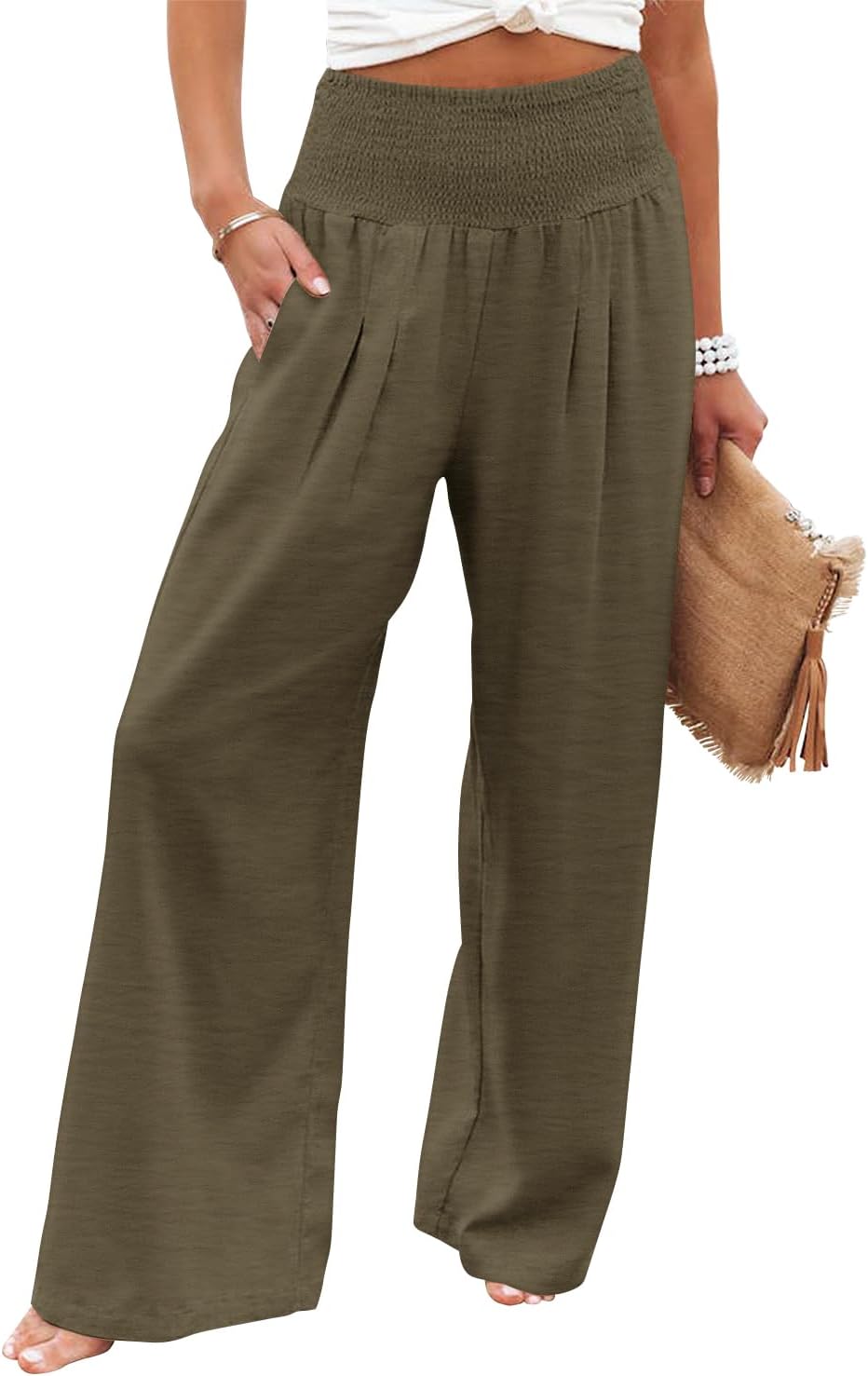 Womens Elastic High Waisted Palazzo Pants Casual Wide Leg Long Lounge Pant Trousers with Pocket