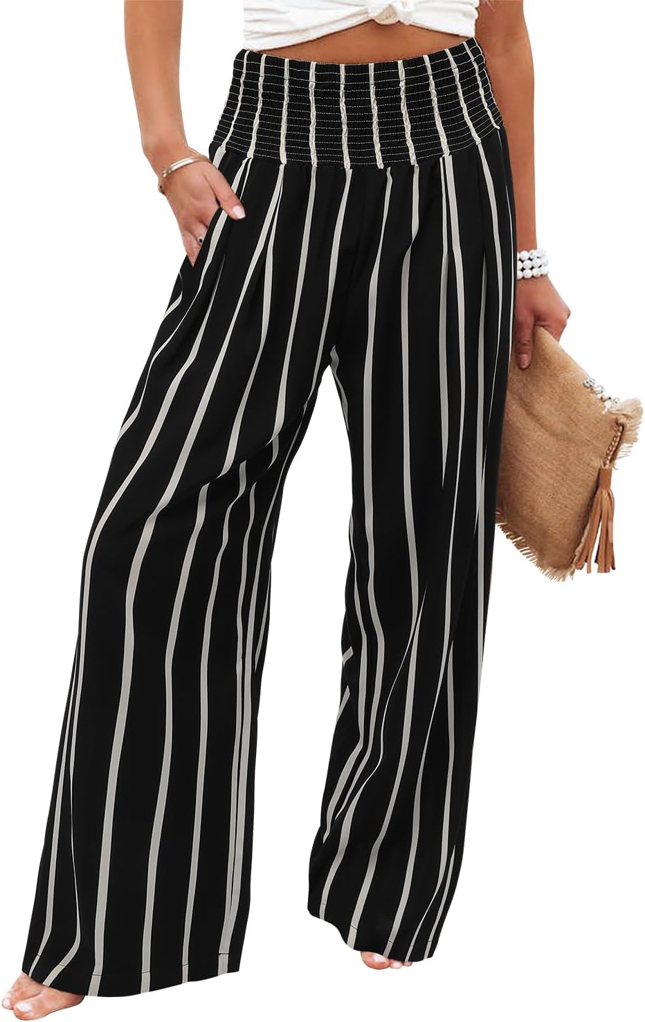 Womens Elastic High Waisted Palazzo Pants Casual Wide Leg Long Lounge Pant Trousers with Pocket