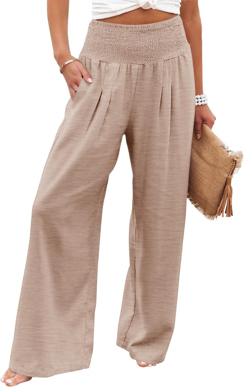 Womens Elastic High Waisted Palazzo Pants Casual Wide Leg Long Lounge Pant Trousers with Pocket