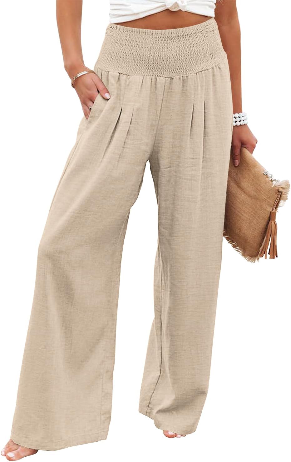 Womens Elastic High Waisted Palazzo Pants Casual Wide Leg Long Lounge Pant Trousers with Pocket