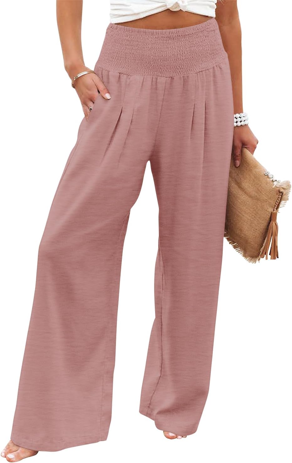 Womens Elastic High Waisted Palazzo Pants Casual Wide Leg Long Lounge Pant Trousers with Pocket