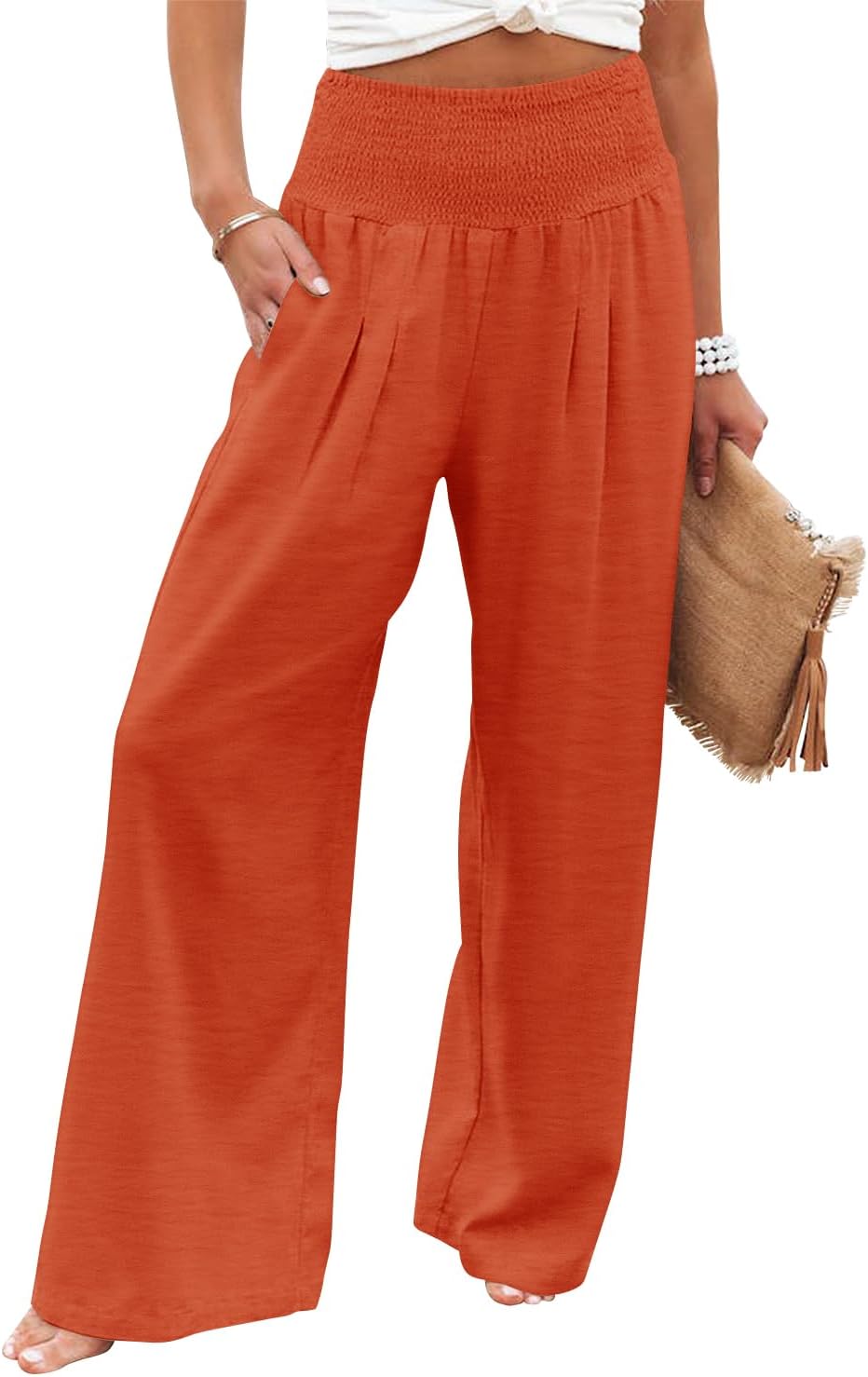 Womens Elastic High Waisted Palazzo Pants Casual Wide Leg Long Lounge Pant Trousers with Pocket