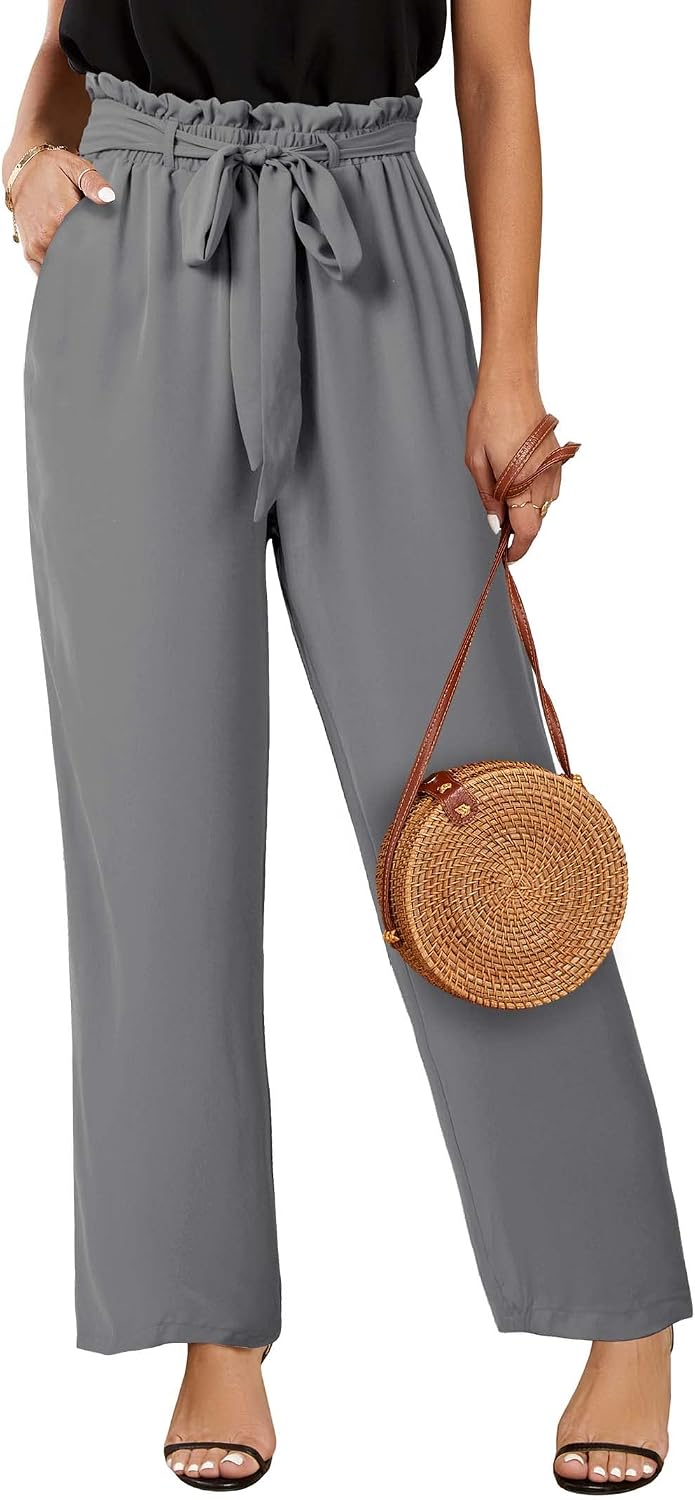 Womens High Waisted Leopard Print Palazzo Pants Belted Wide Leg Long Trousers with Pockets