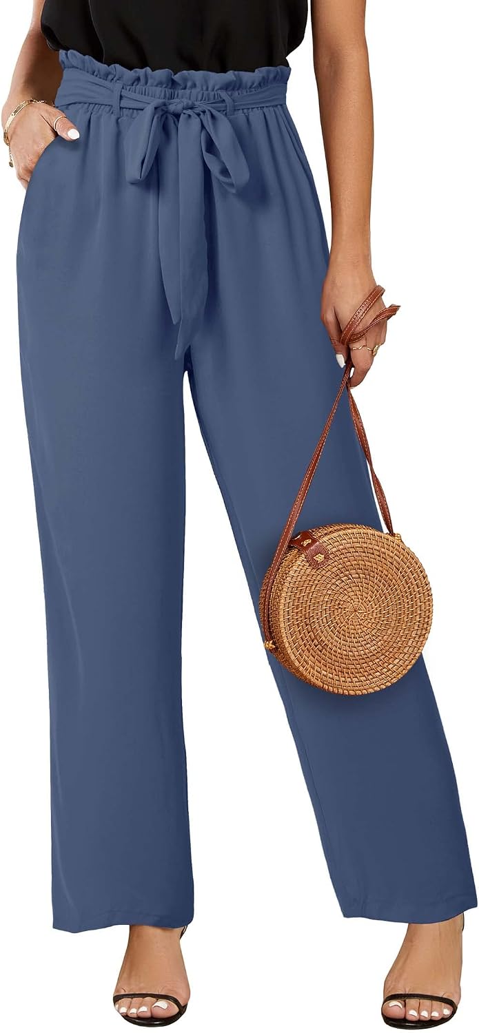 Womens High Waisted Leopard Print Palazzo Pants Belted Wide Leg Long Trousers with Pockets