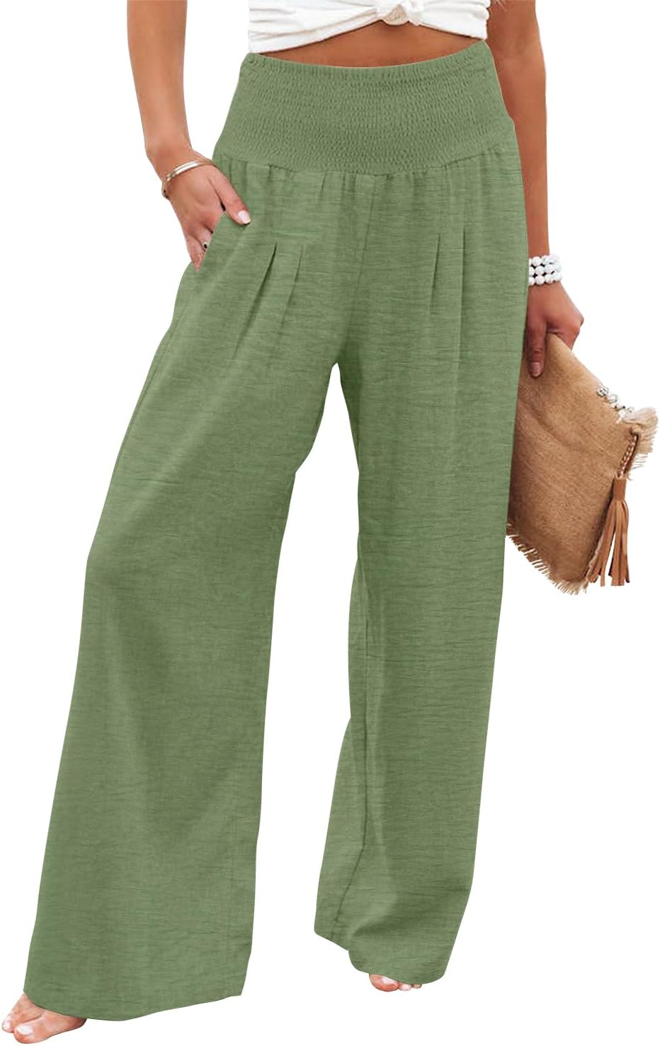 Womens Elastic High Waisted Palazzo Pants Casual Wide Leg Long Lounge Pant Trousers with Pocket