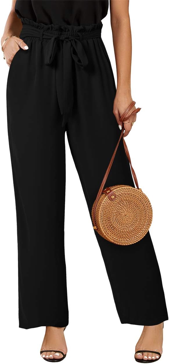 Womens High Waisted Leopard Print Palazzo Pants Belted Wide Leg Long Trousers with Pockets