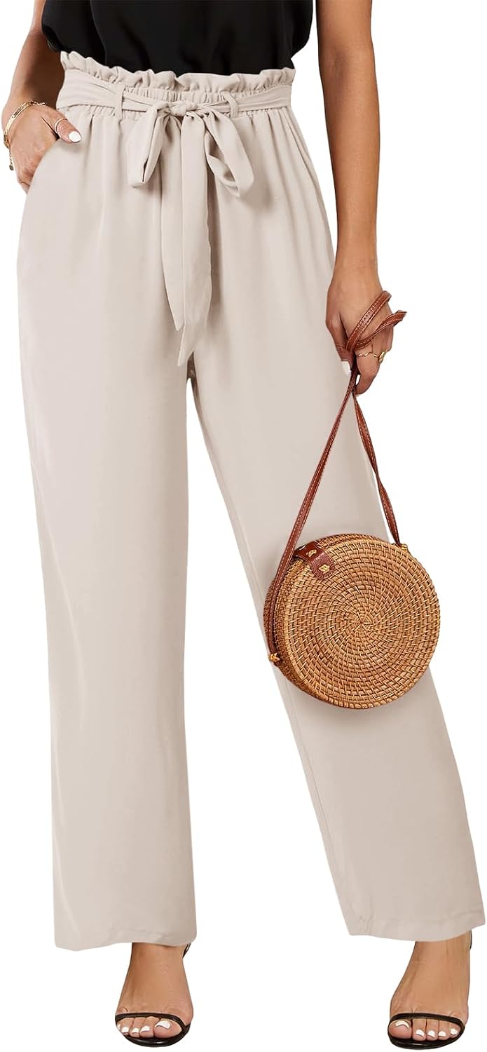 Womens High Waisted Leopard Print Palazzo Pants Belted Wide Leg Long Trousers with Pockets