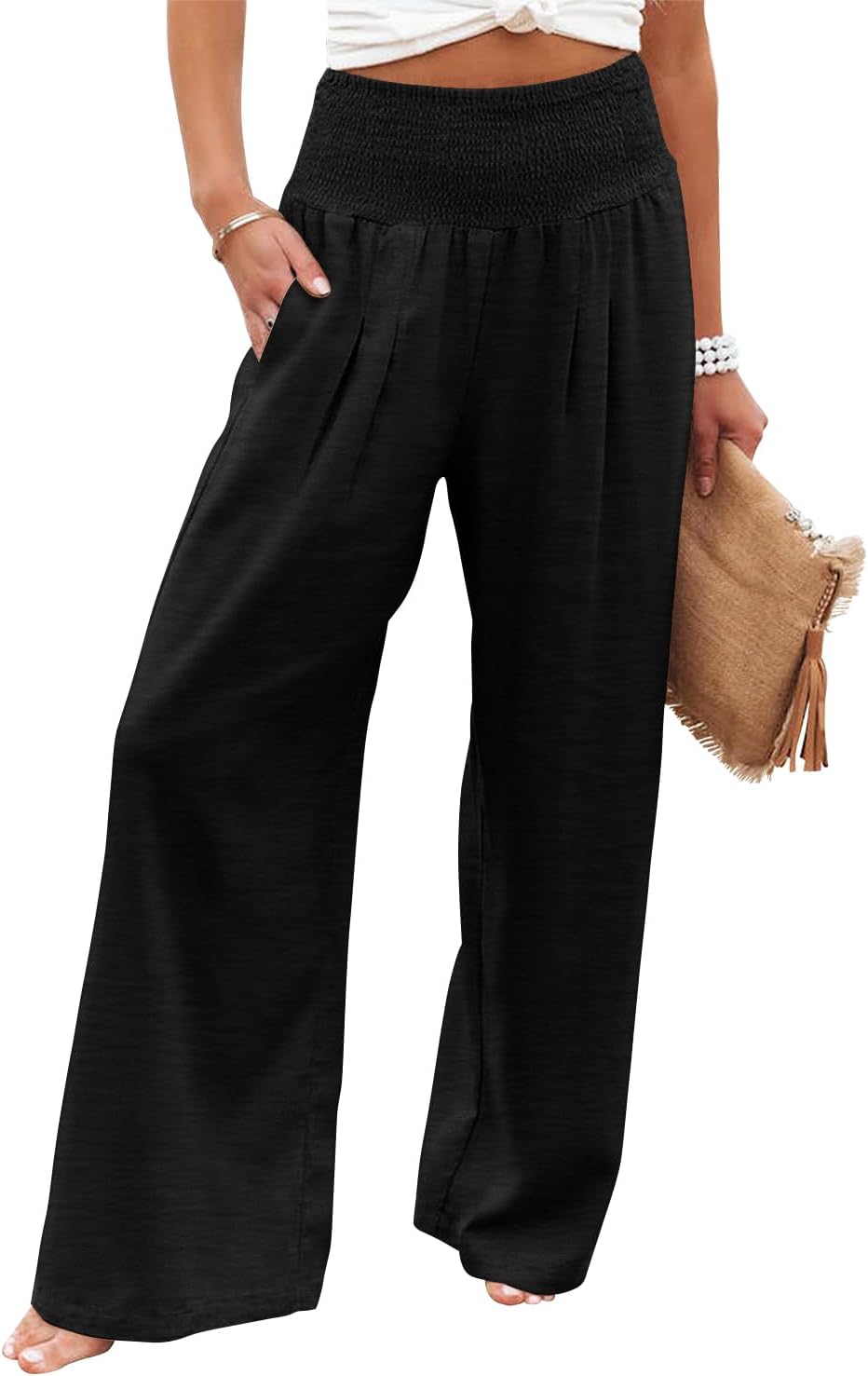 Womens Elastic High Waisted Palazzo Pants Casual Wide Leg Long Lounge Pant Trousers with Pocket
