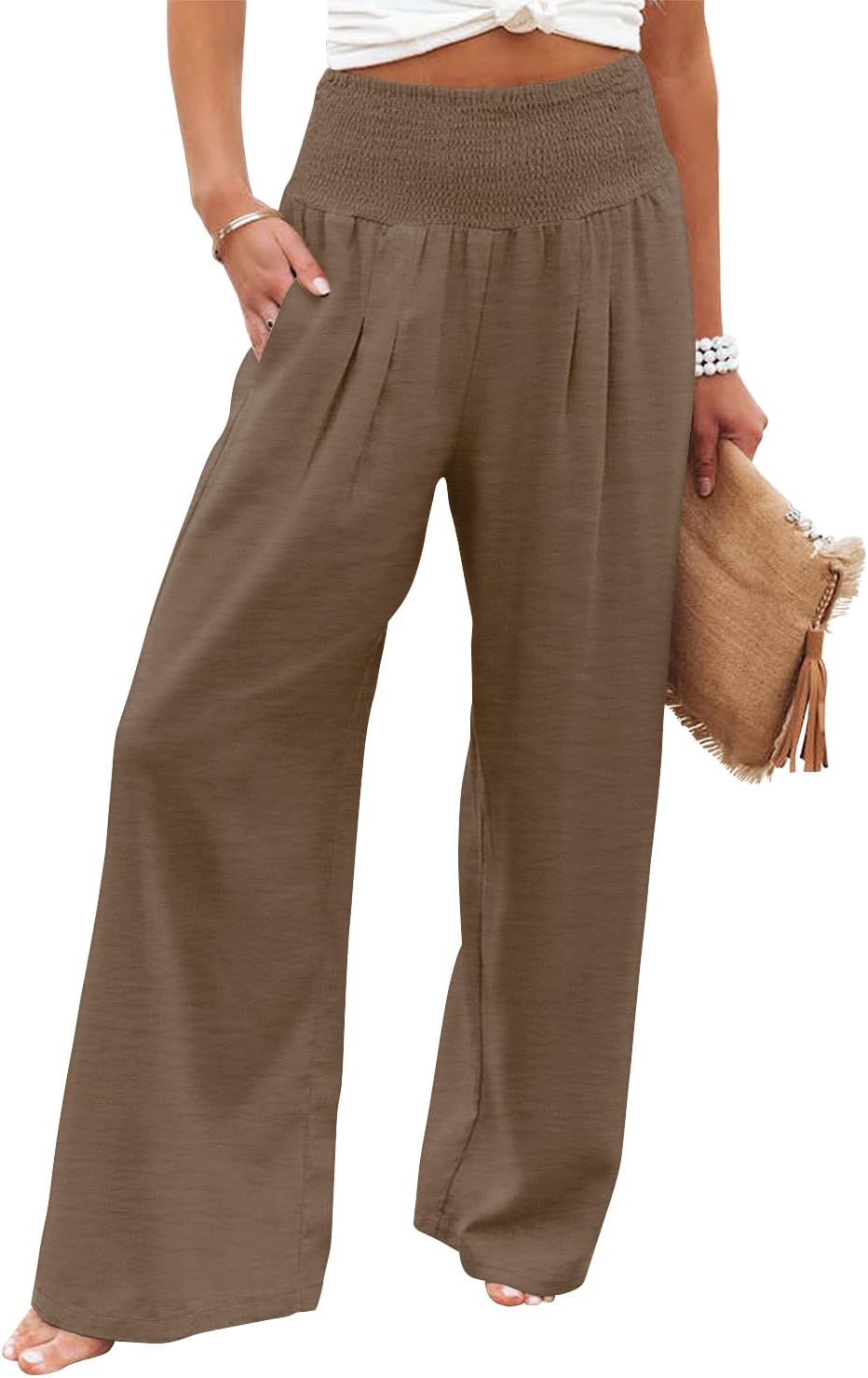 Womens Elastic High Waisted Palazzo Pants Casual Wide Leg Long Lounge Pant Trousers with Pocket