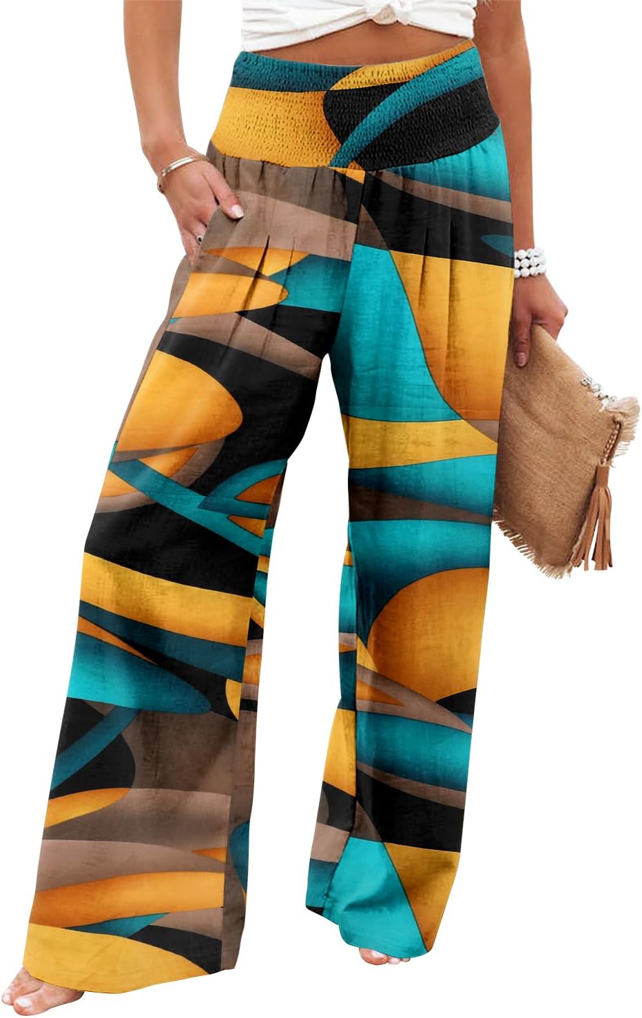 Womens Elastic High Waisted Palazzo Pants Casual Wide Leg Long Lounge Pant Trousers with Pocket