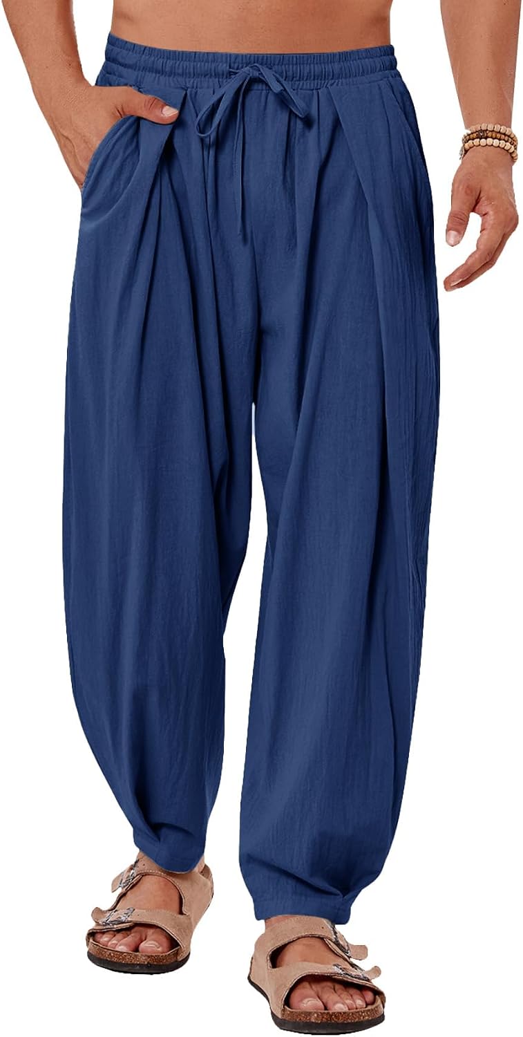 Mens Linen Yoga Pants Elastic Waist Drawstring Summer Beach Loose Fit Casual Tapered Trousers