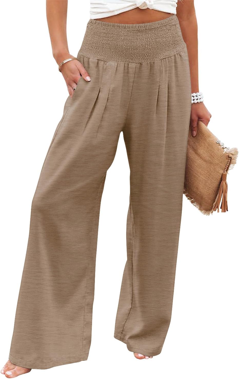 Womens Elastic High Waisted Palazzo Pants Casual Wide Leg Long Lounge Pant Trousers with Pocket