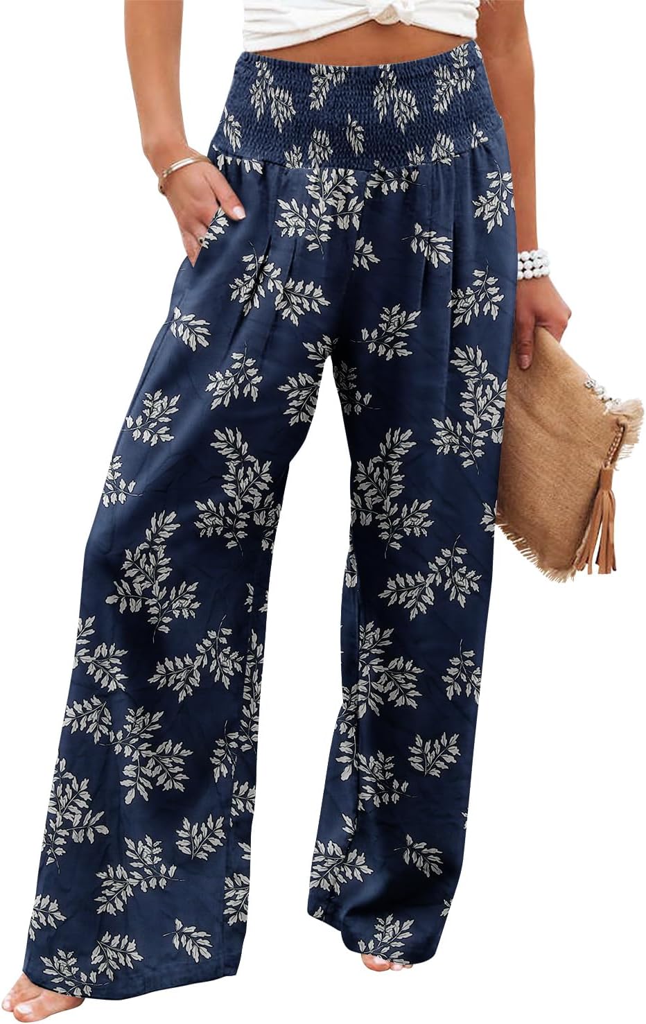 Womens Elastic High Waisted Palazzo Pants Casual Wide Leg Long Lounge Pant Trousers with Pocket