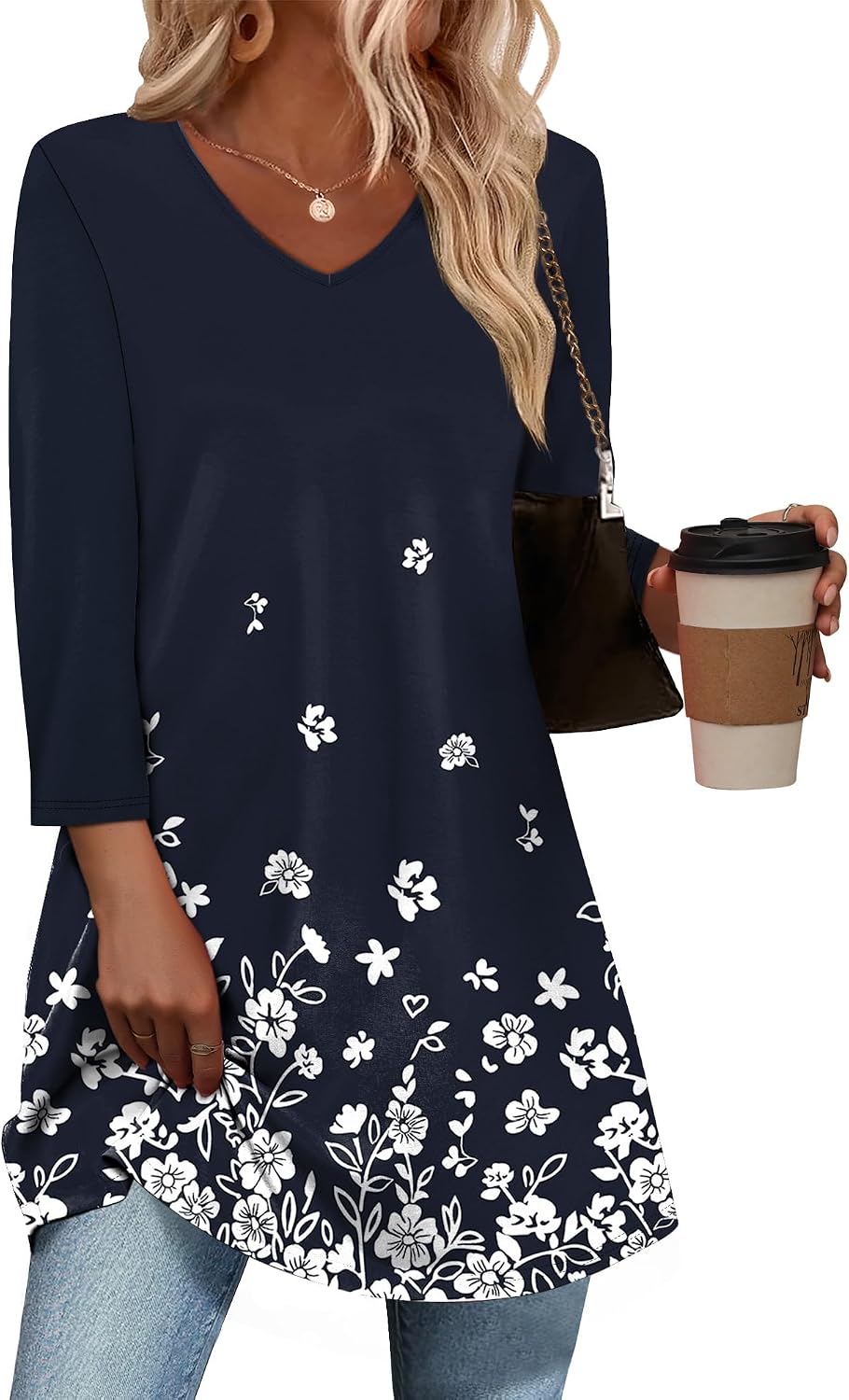 3/4 Length Sleeve Womens Tops Dressy Casual Plus Size Tunics to Wear with Leggings