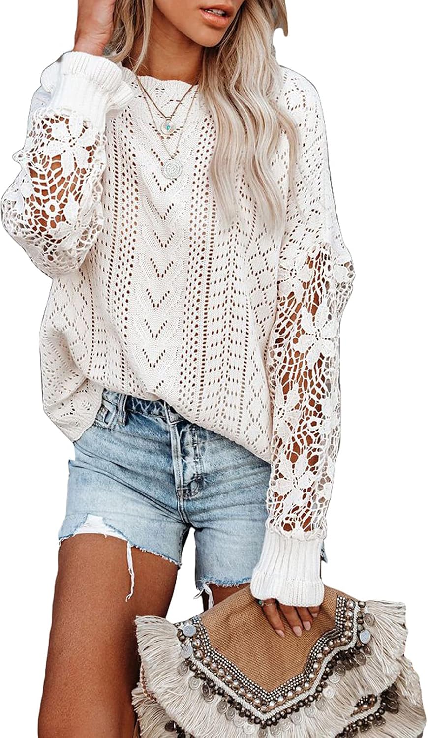 Womens Crewneck Crochet Lace Long Sleeve Hollow Out Cable Knit Sweaters Pullover Tops