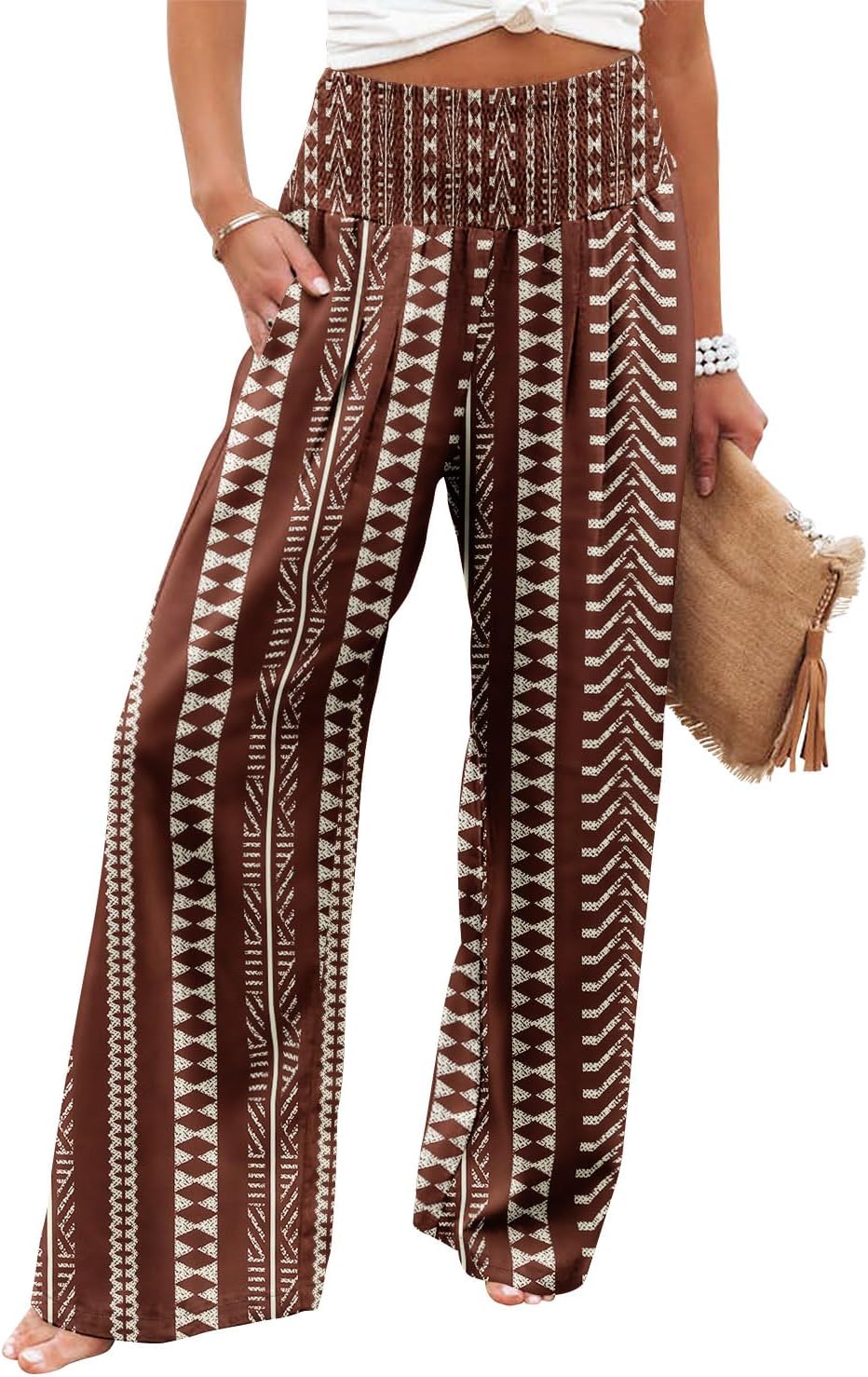 Womens Elastic High Waisted Palazzo Pants Casual Wide Leg Long Lounge Pant Trousers with Pocket