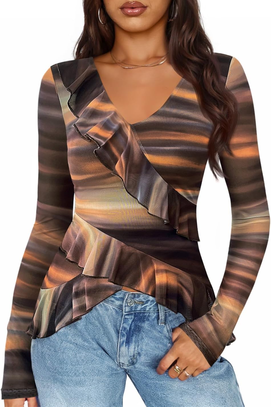 Women's Long Sleeve Floral Shirts V Neck Going Out Ruffle Tops Blouses 2026 Fall Fashion Clothes Outfits