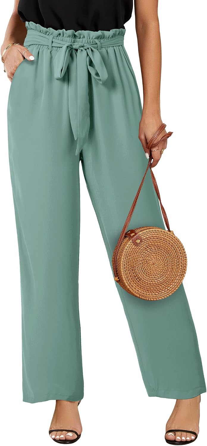 Womens High Waisted Leopard Print Palazzo Pants Belted Wide Leg Long Trousers with Pockets